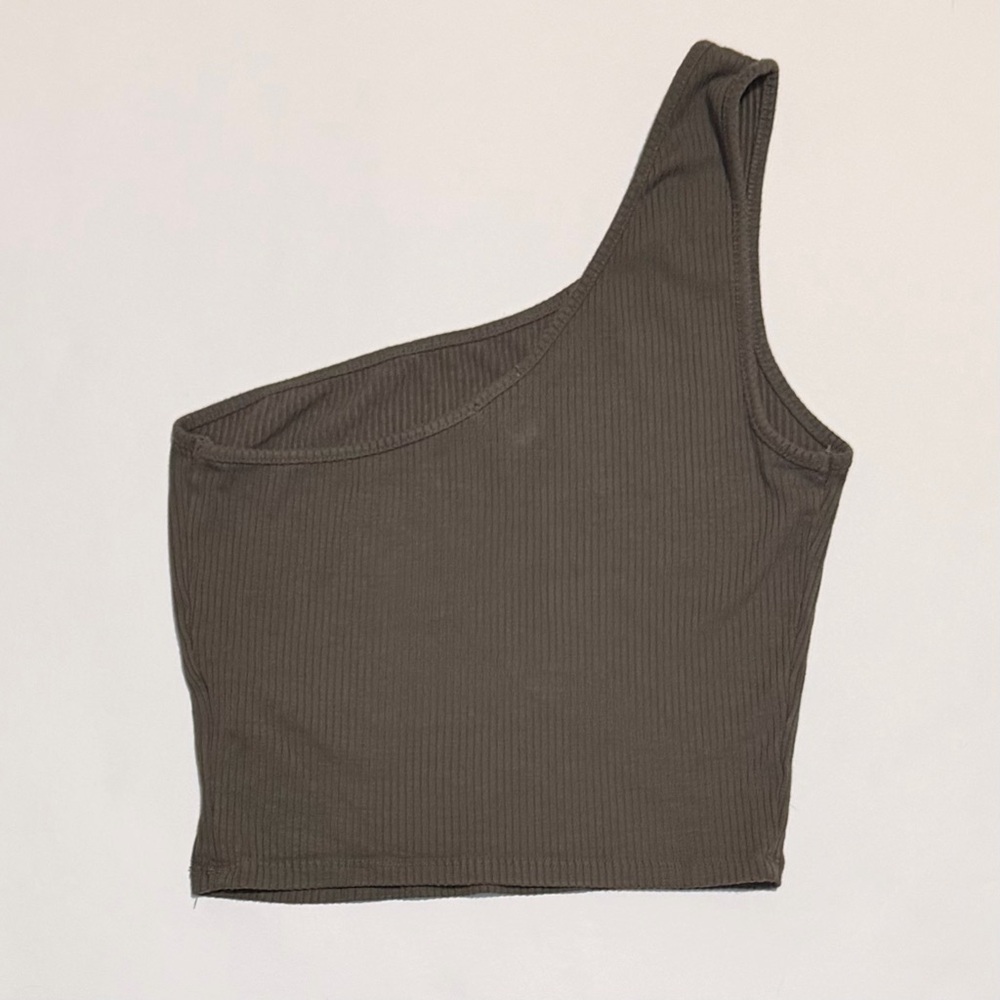 Garage One-Shoulder Ribbed Crop Top | Dark Olive | Small - Picture 2 of 4